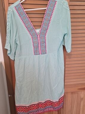 White Mountain Light Aqua Embroidered V-Neck Mini Dress